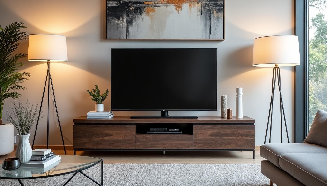 découvrez le meuble tv kaorka k16 xs 120 cm en noyer : design élégant, robustesse et rangements optimisés, pour un investissement durable dans votre salon.