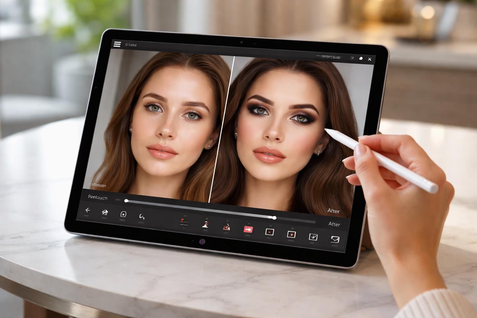 découvrez des retouches rapides et précises de maquillage avant/après réalisées facilement sur tablette windows, pour un rendu professionnel et immédiat.