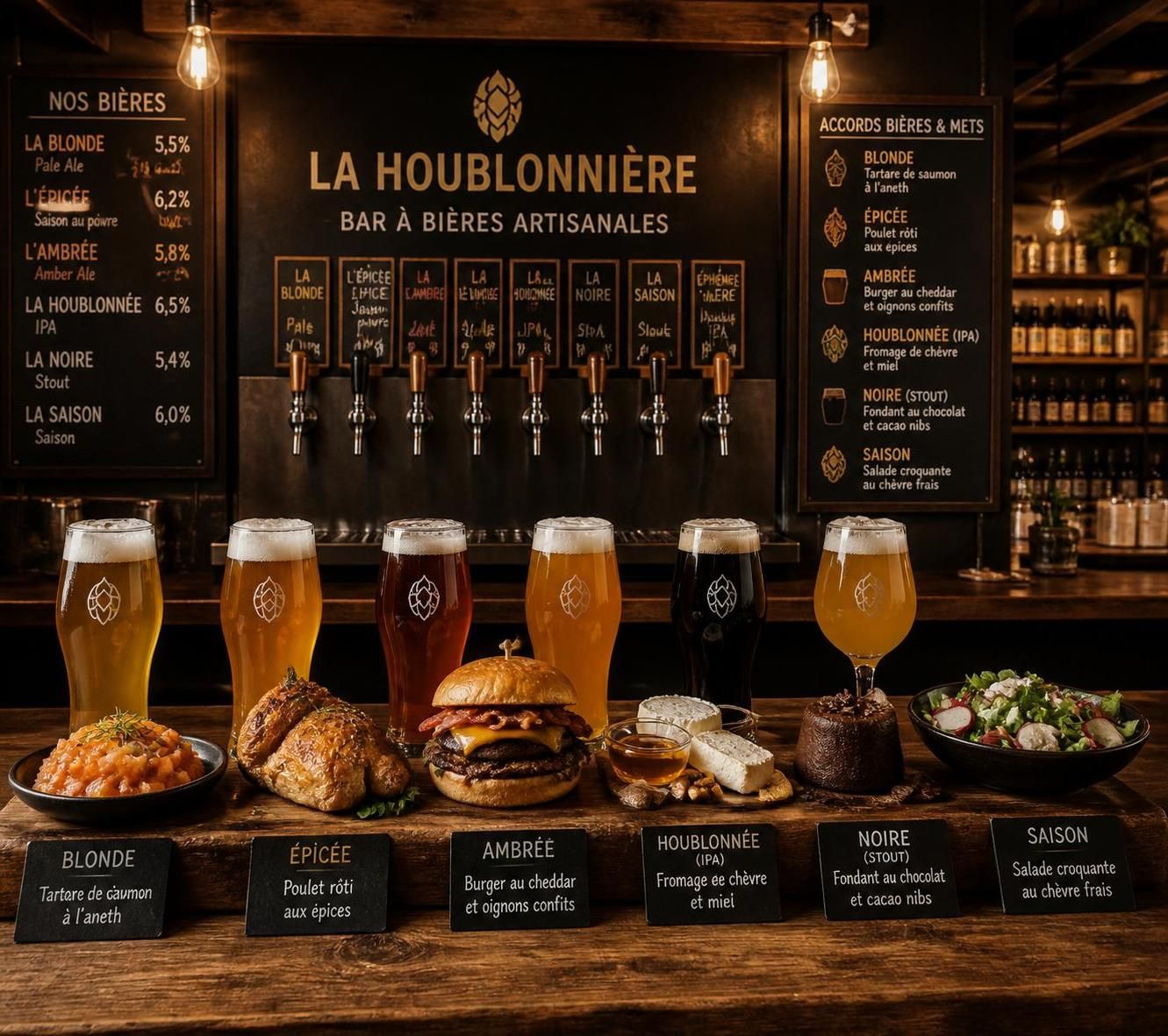 découvrez notre bar à bières artisanales et profitez d'accords mets et bières soigneusement sélectionnés pour une expérience gustative unique à ne pas manquer.