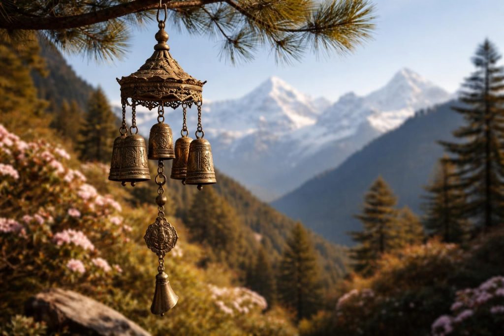 découvrez le carillon à vent tibétain traditionnel de l'himalaya, un instrument authentique apportant harmonie et sérénité à votre intérieur grâce à ses sons apaisants.