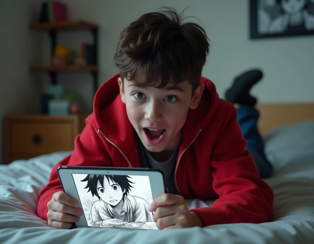 Adolescent lisant un scan One Piece en français sur une tablette dans sa chambre