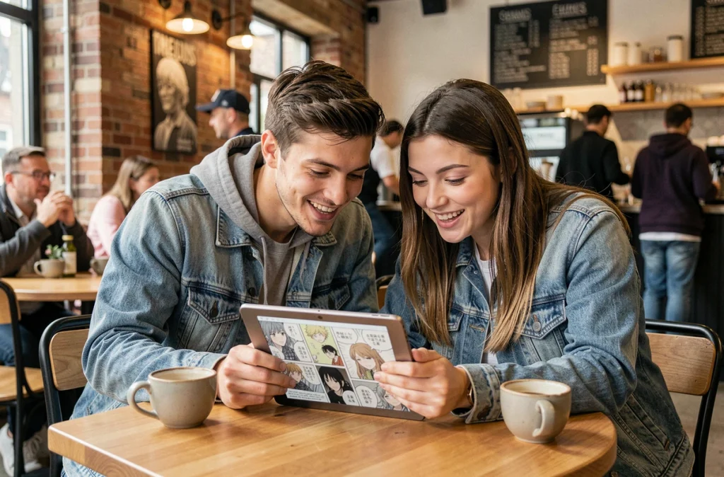 Deux amis lisant le scan One Piece en français légalement sur une tablette dans un café moderne
