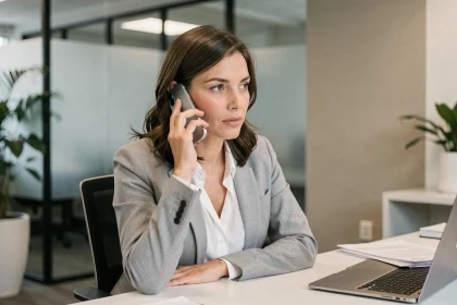 Femme professionnelle passant un appel international depuis son bureau, illustrant l'utilisation de l'indicatif téléphonique international 39 pour l'Italie