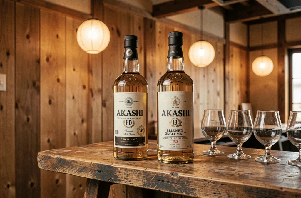 Bouteilles de whisky Akashi blended et single malt sur une étagère dans un izakaya japonais traditionnel