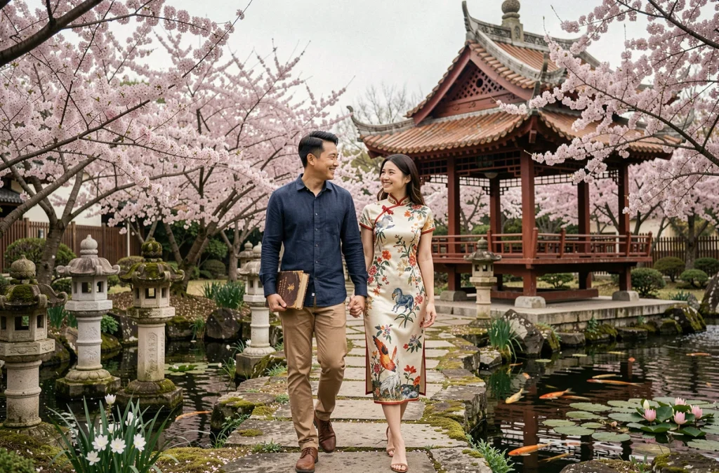 Couple de la génération 1993 se promenant dans un jardin chinois traditionnel, illustrant la compatibilité amoureuse du Coq d'Eau en 2026