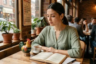 Femme née en 1993, signe du Coq d'Eau, consulte son journal d'astrologie chinoise dans un café chaleureux avec une figurine de coq en céramique