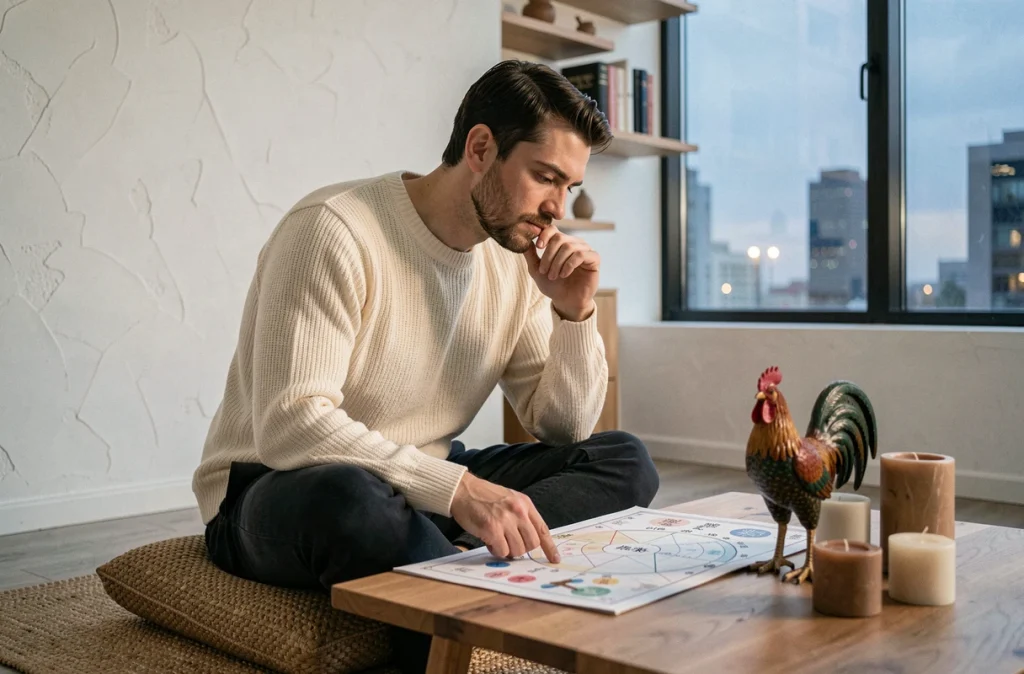 Homme né en 1993 étudiant un tableau de compatibilité astrologique chinoise pour le signe du Coq d'Eau, dans un appartement moderne et épuré
