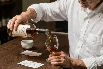 Homme japonais versant du whisky Akashi dans un verre Glencairn sur un comptoir en noyer sombre