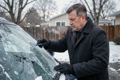 Homme grattant le givre sur un pare-brise en hiver dans une allée résidentielle enneigée