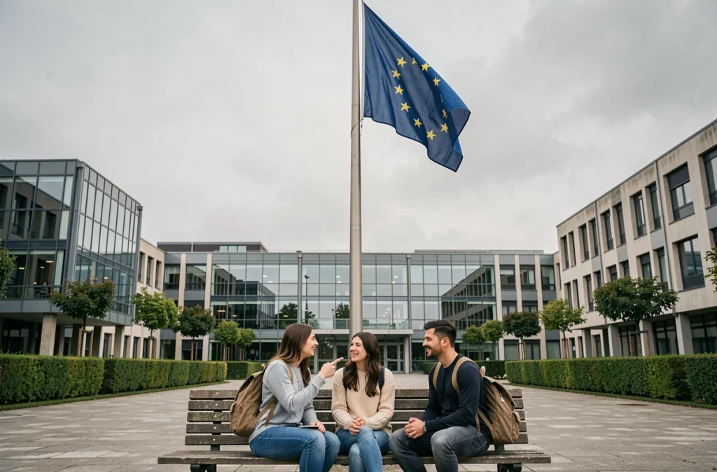 Étudiants européens discutant de la symbolique des étoiles du drapeau de l'Union européenne