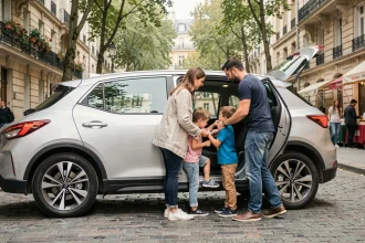Famille urbaine avec enfants montant dans un SUV hybride moderne dans une rue parisienne arborée