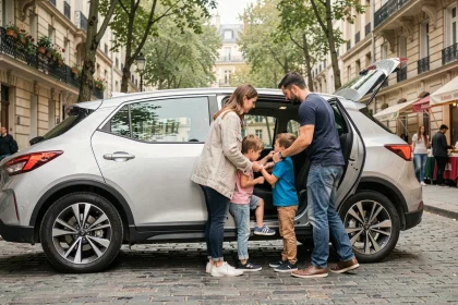 Famille urbaine avec enfants montant dans un SUV hybride moderne dans une rue parisienne arborée
