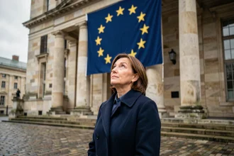 Femme contemplant les étoiles du drapeau européen sur un bâtiment institutionnel en pierre