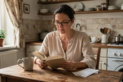 Femme lisant 'La liste de mes envies' de Grégoire Delacourt dans une cuisine modeste, ambiance réaliste et contemplative sur la consommation et les désirs simples
