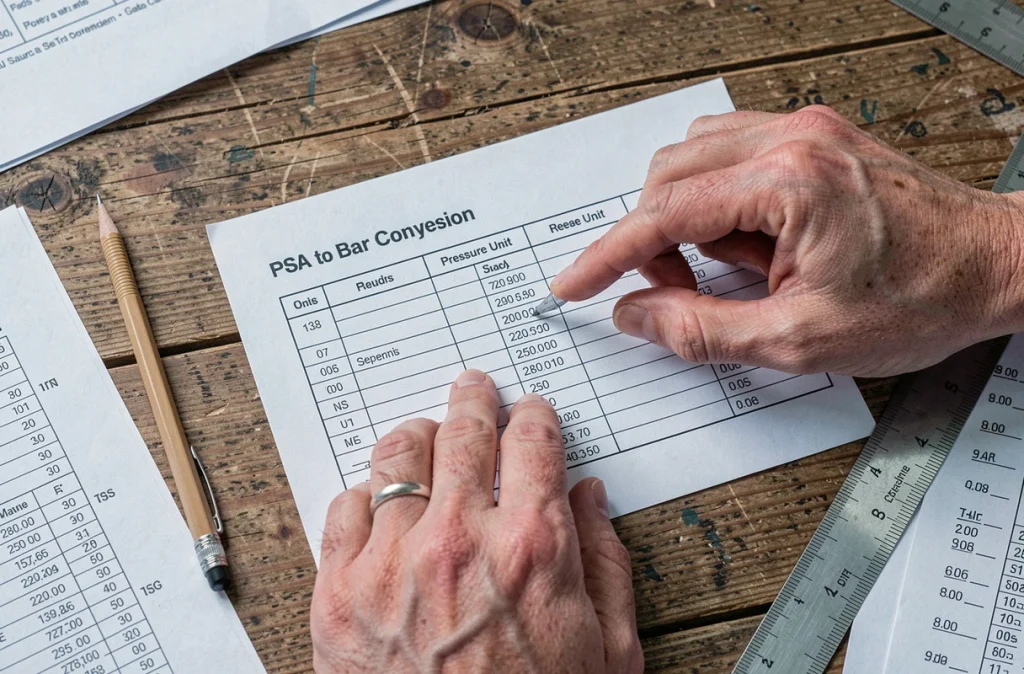 Mains de technicien consultant une fiche de conversion pression PSA en bar sur un bureau de travail