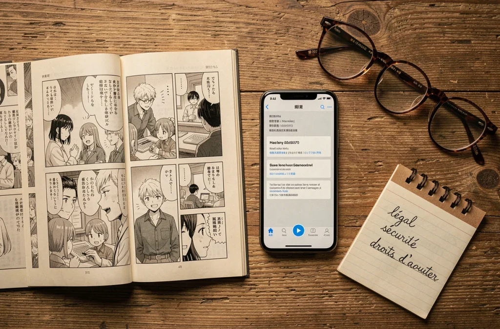 Flat lay d'un manga ouvert, d'un smartphone avec une application de lecture et de notes sur la légalité des sites manga
