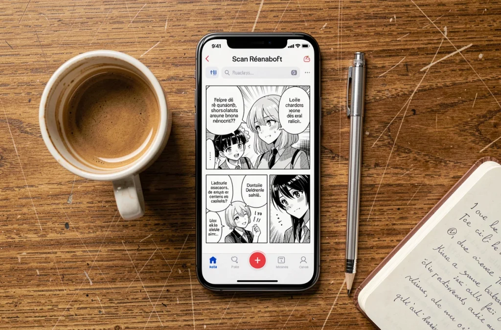 Vue du dessus d'un smartphone affichant un scan One Piece 1151 en VF posé sur une table en bois avec un carnet et un café
