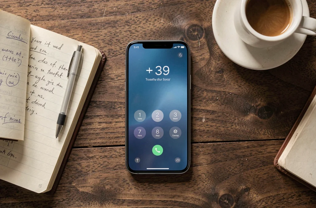 Vue aérienne d'un smartphone affichant un numéro avec l'indicatif +39 de l'Italie, posé sur un bureau avec un carnet de notes et un stylo