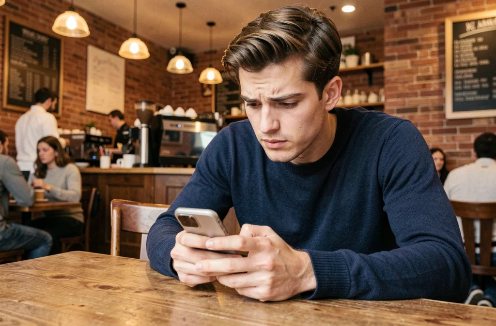 Jeune homme consultant son smartphone dans un café pour comprendre le format d'un numéro avec l'indicatif international 39 de l'Italie