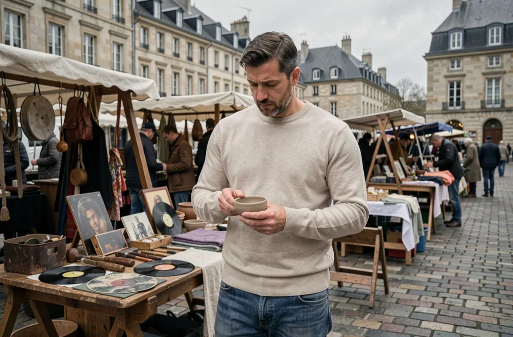 Homme réfléchissant devant un objet artisanal dans un marché aux puces français, illustrant la sobriété et la remise en question de la consommation