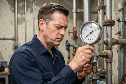 Ingénieur analysant un manomètre de pression en bar dans une installation industrielle sans calculatrice