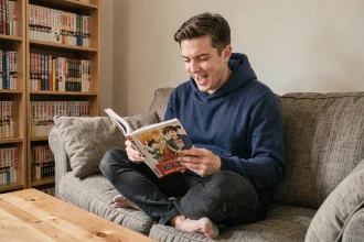 Jeune homme lisant un manga One Piece sur son canapé dans un salon cosy rempli de volumes manga