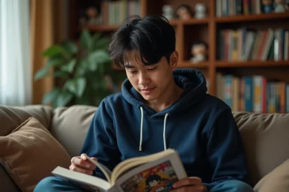 Jeune homme lisant un manga One Piece en version française sur son canapé entouré de volumes de mangas