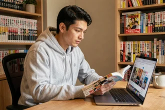 Jeune homme lisant des mangas sur un site de streaming légal depuis son bureau à domicile