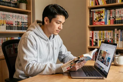 Jeune homme lisant des mangas sur un site de streaming légal depuis son bureau à domicile