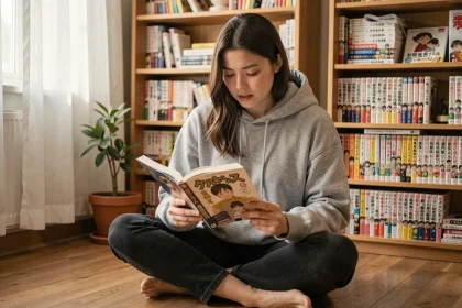 Jeune femme lisant un manga en version française assise sur un parquet dans une chambre avec bibliothèque remplie de mangas