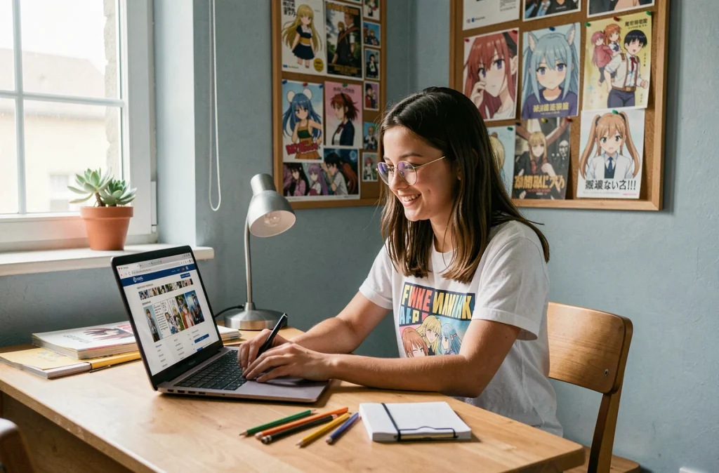Adolescente lisant le scan One Piece 1143 légalement en français sur son ordinateur portable dans sa chambre