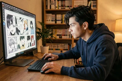 Jeune homme lisant le scan One Piece 1151 VF sur un grand écran dans un bureau cosy entouré de mangas