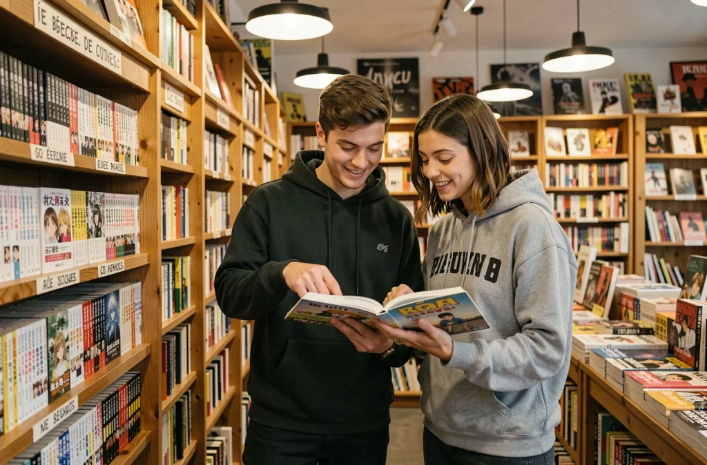 Deux jeunes adultes feuilletant des mangas en version française dans une librairie indépendante avec des rayons de mangas étiquetés