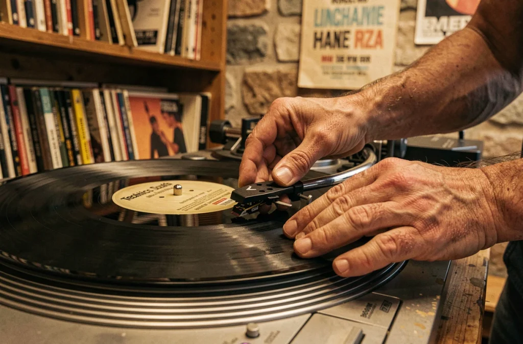 Mains d'un DJ posant un vinyle sur une platine Technics dans un magasin de disques parisien, hommage à la French touch