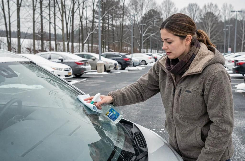 Femme nettoyant le pare-brise de sa voiture avec un liquide lave-glace par temps hivernal dans un parking