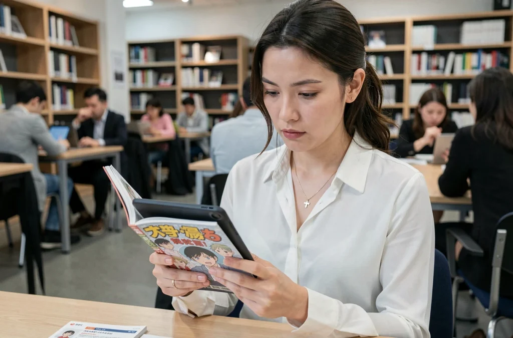 Femme consultant une plateforme de lecture de manga légale depuis une bibliothèque moderne