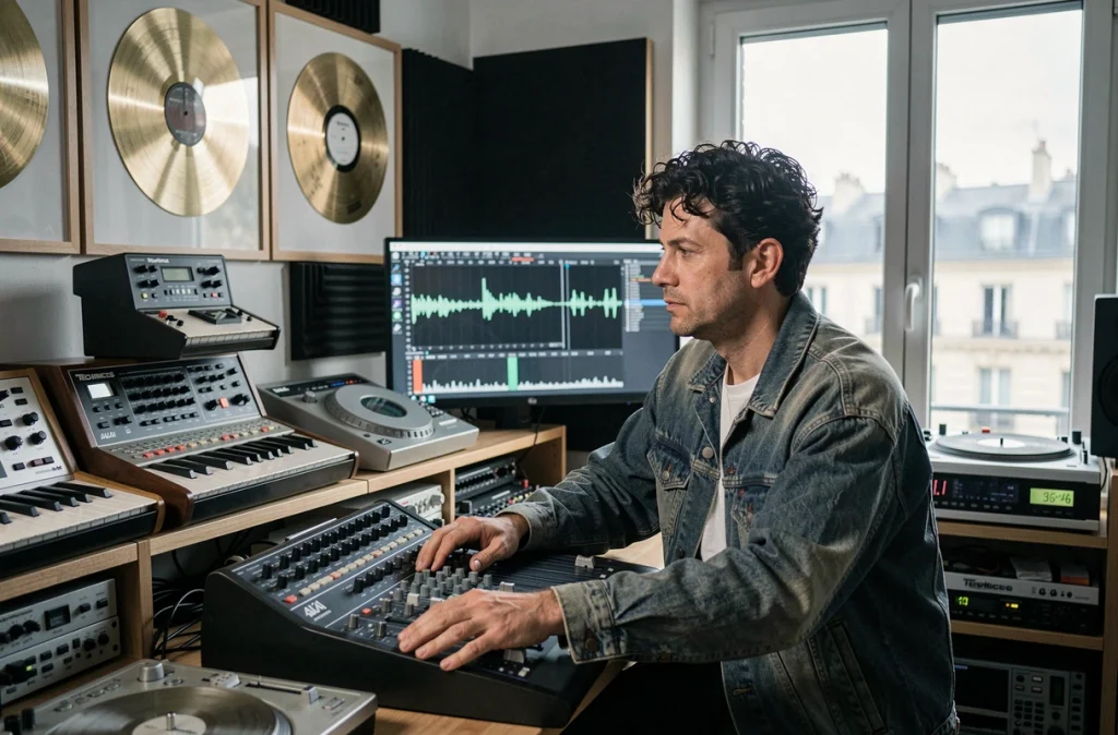 Producteur de musique électronique française dans un studio d'enregistrement parisien avec synthétiseurs et platines vinyle