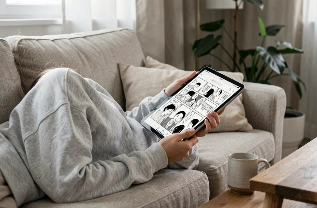 Adolescente lisant un scan manga One Piece sur tablette allongée sur un canapé dans un salon moderne