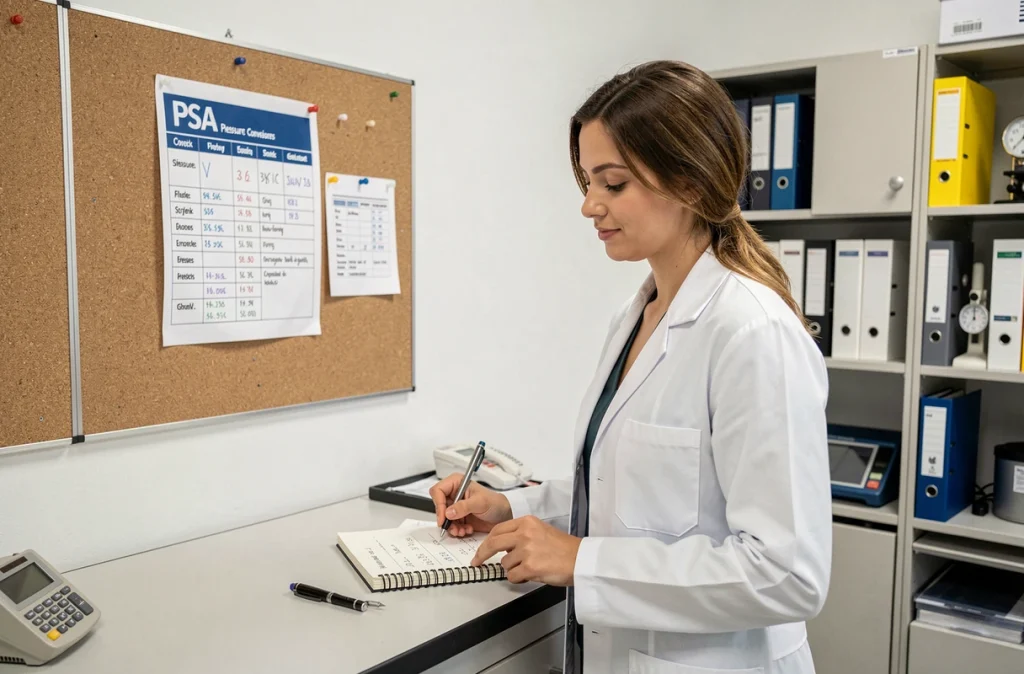 Technicienne de laboratoire écrivant des conversions de pression PSA en bar dans un carnet