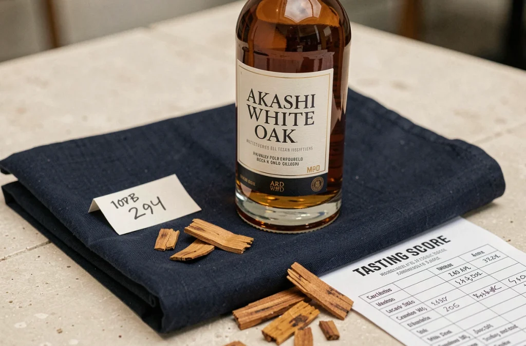 Bouteille de whisky Akashi White Oak avec fiche de dégustation et étiquette de prix sur tissu marine