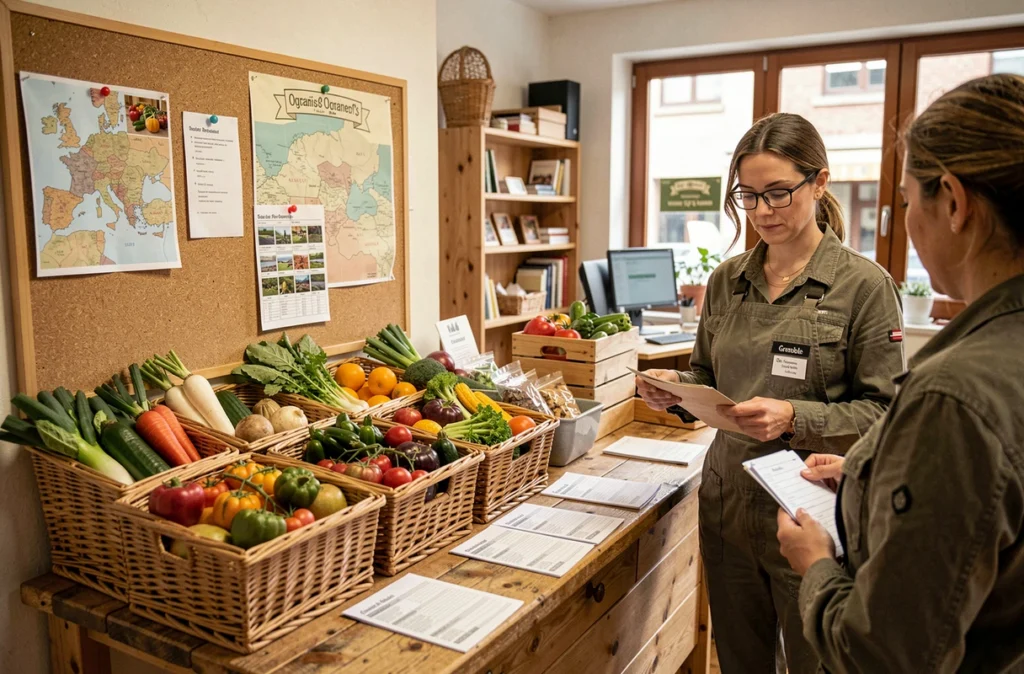 Point de vente et bureau de l'association ADABIO à Grenoble avec paniers de légumes locaux et affichage régional