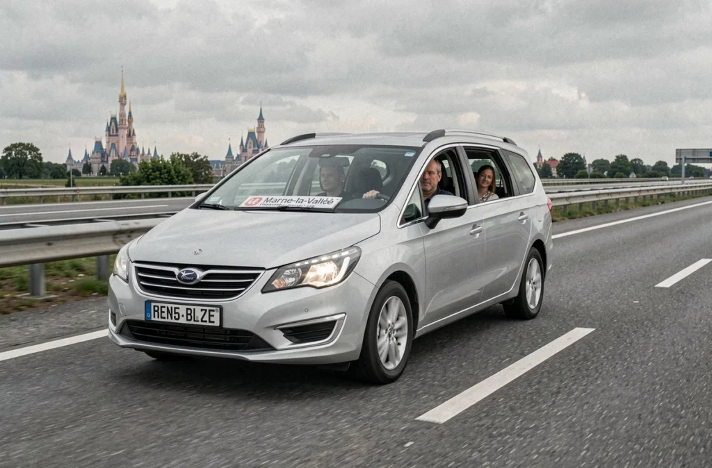 MPV d'Aéroports Transfert sur l'autoroute A4 en direction de Marne-la-Vallée avec les infrastructures de Disneyland Paris à l'horizon