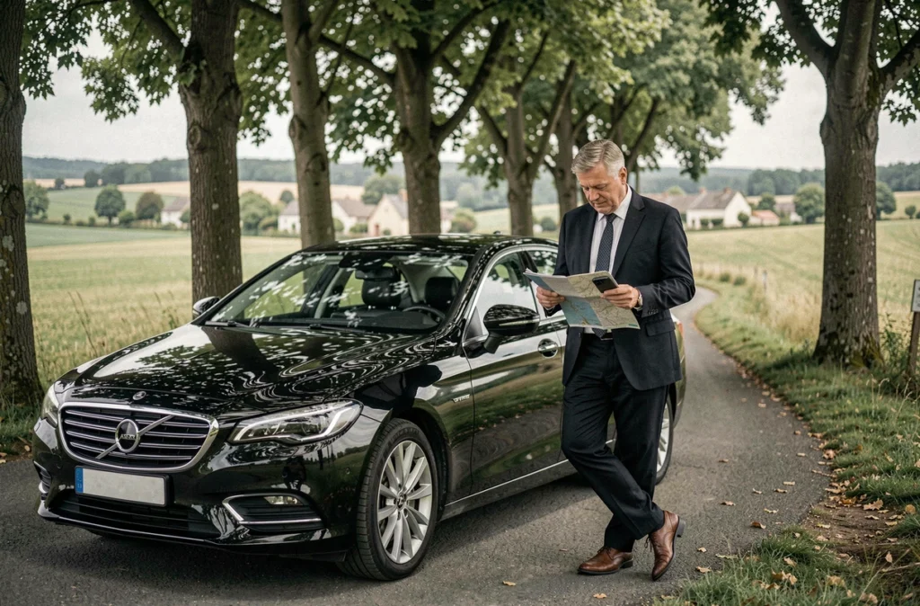 Chauffeur d'Alpha Taxis en costume sombre appuyé sur une berline noire sur une route de province, spécialisé dans les courses longue distance au départ de Paris