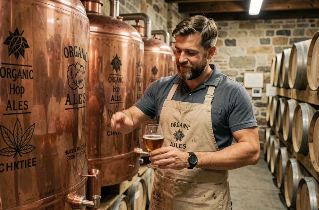 Brasseur artisanal versant une bière bio ambrée dans la brasserie Les Bières du Temps à Champier avec cuves en cuivre et fûts en chêne