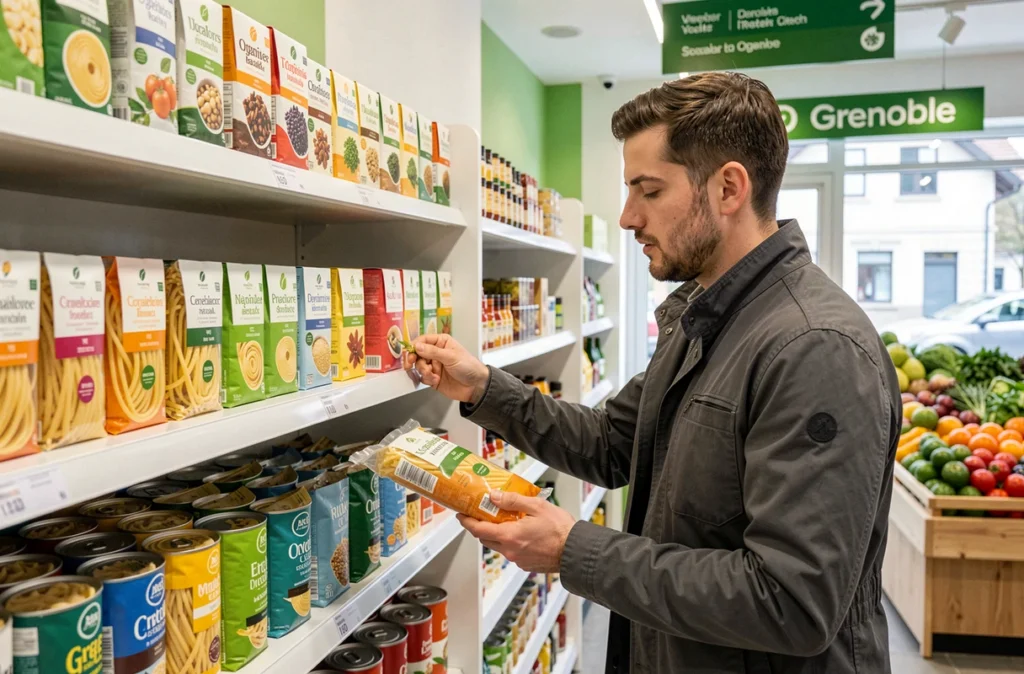 Client choisissant des pâtes biologiques dans un rayon de la boutique Bio C Bon à Grenoble