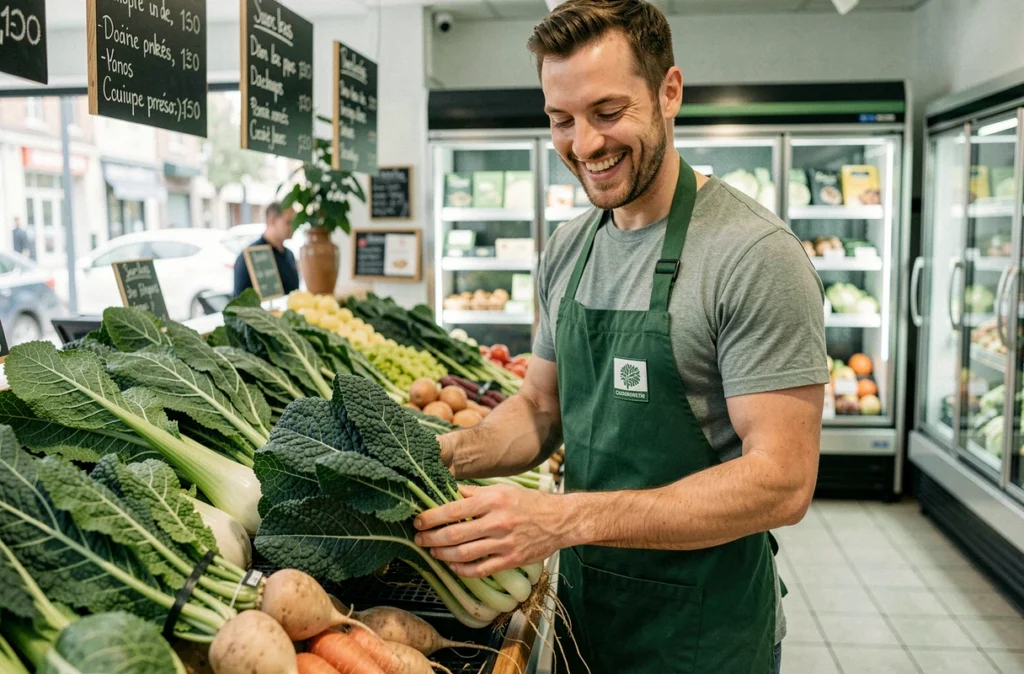 Employé de la Biocoop Champollion à Grenoble arrangeant des légumes bio frais dans le rayon fruits et légumes