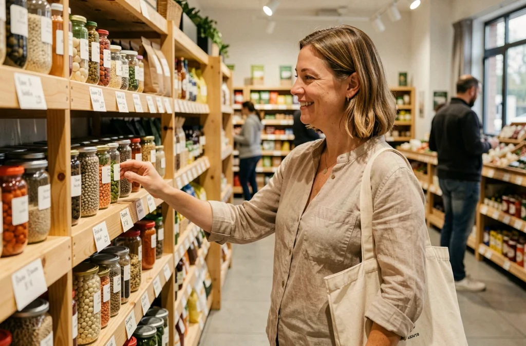 Cliente explorant les rayons de la Biocoop Malherbe à Grenoble avec des produits biologiques en verre