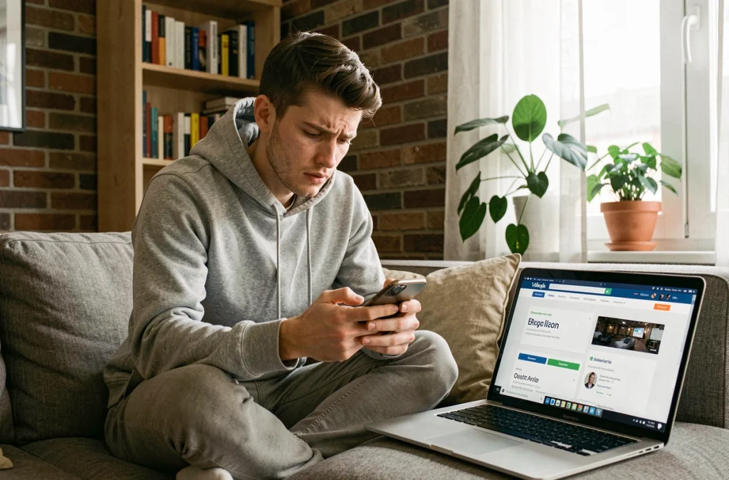 Jeune homme comparant les tarifs téléphoniques pour appels Belgique France sur smartphone et laptop