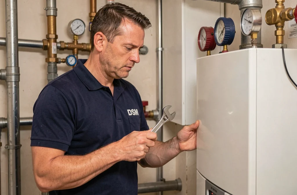 Technicien DSM Plomberie et Chauffage inspectant un système de chauffage