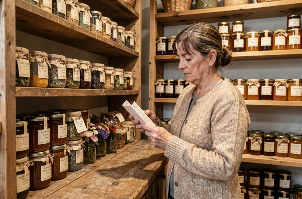 Cliente lisant une étiquette de produit artisanal dans la boutique bio L'Eau Vive à Grenoble avec rayons de plantes et miels